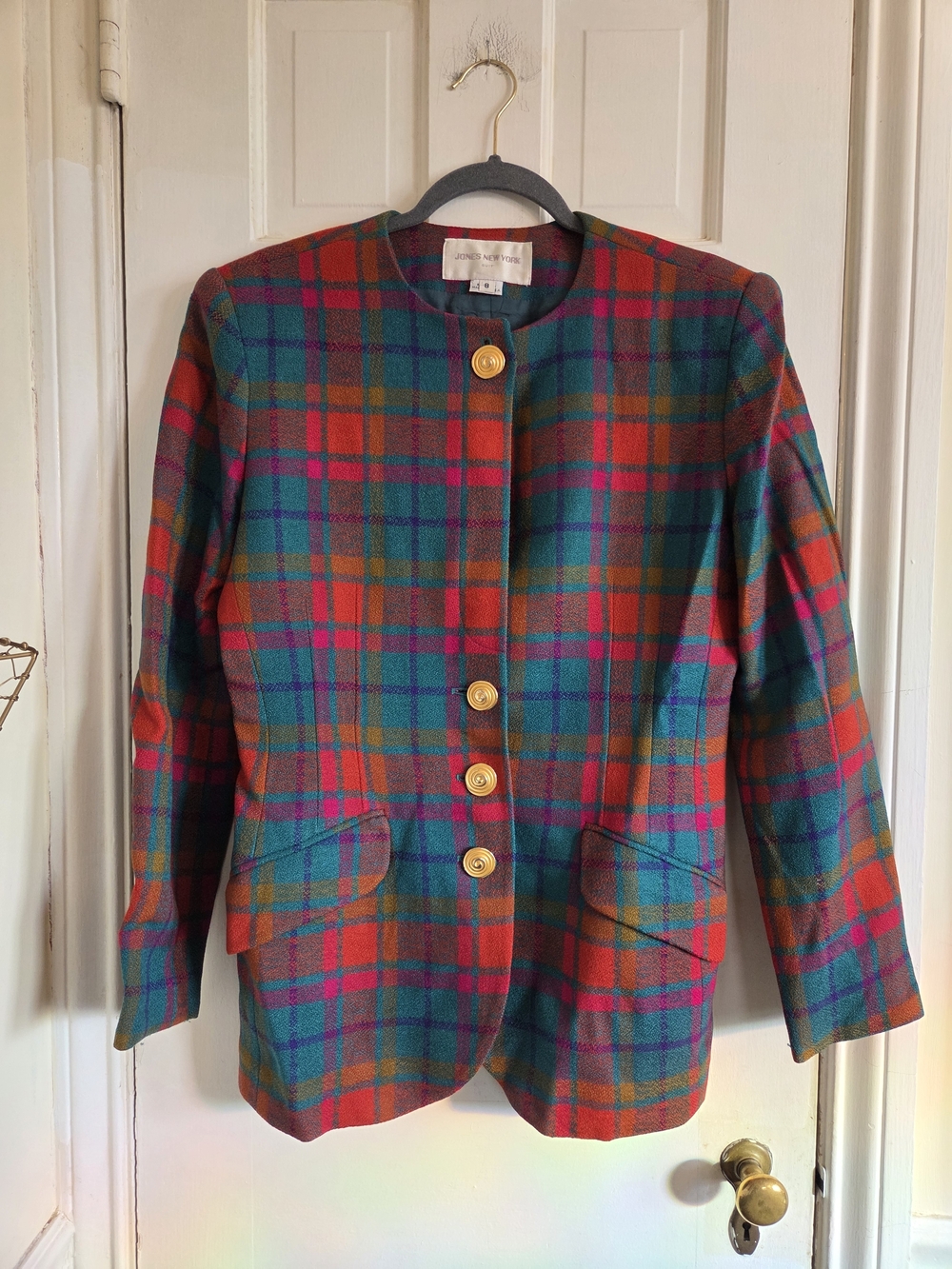 Jones New York Teal & Red Plaid Wool Blazer